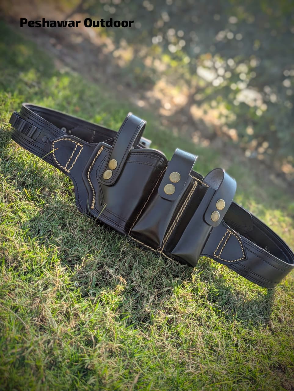 Premium Handmade Leather Belly Belt Holster – Fits 1 Pistol, 2 Magazines & 10 Rounds